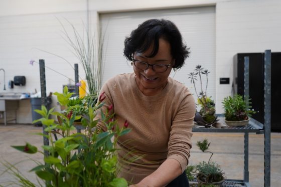 A person with glass smiling while working on a plant.